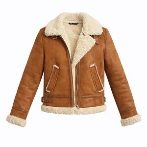 Woman's Brown Faux Shearling Aviator Jacket from Zara - Medium